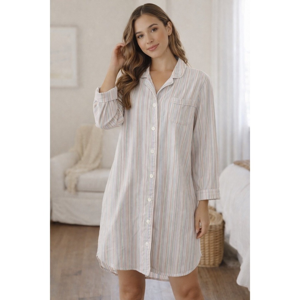 L.L.Bean Striped Shirt Dress Cotton Sleep Shirt Button Front Large